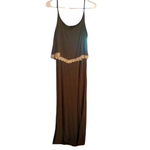 Elegant Lace Trim Maxi Dress in Olive Green & Cream w/ Matching Cardigan